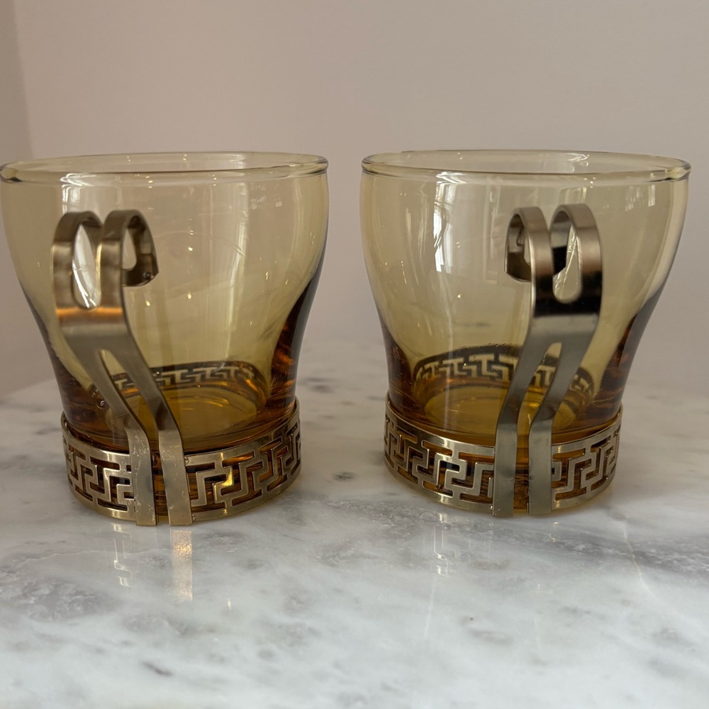 2 Vintage MCM Libbey Amber Glass Continental Cup w Gold Metal Greek Key Handles - Picture 4 of 12